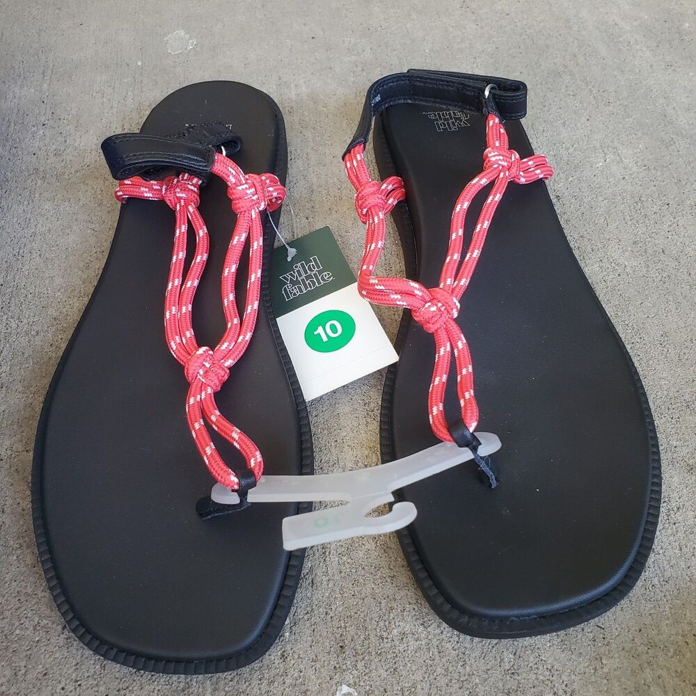 Wild Fable Womens Red Rope Strappy Thong Sandals Black Slingback Flat Size 10